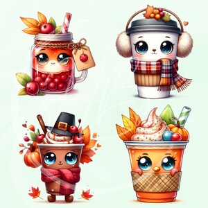 May include: Four cute, cartoon-style fall drinks are featured. A mason jar with a red drink and cherries, a coffee cup with earmuffs and a scarf, a hot chocolate with a pilgrim hat, and an orange drink with whipped cream.