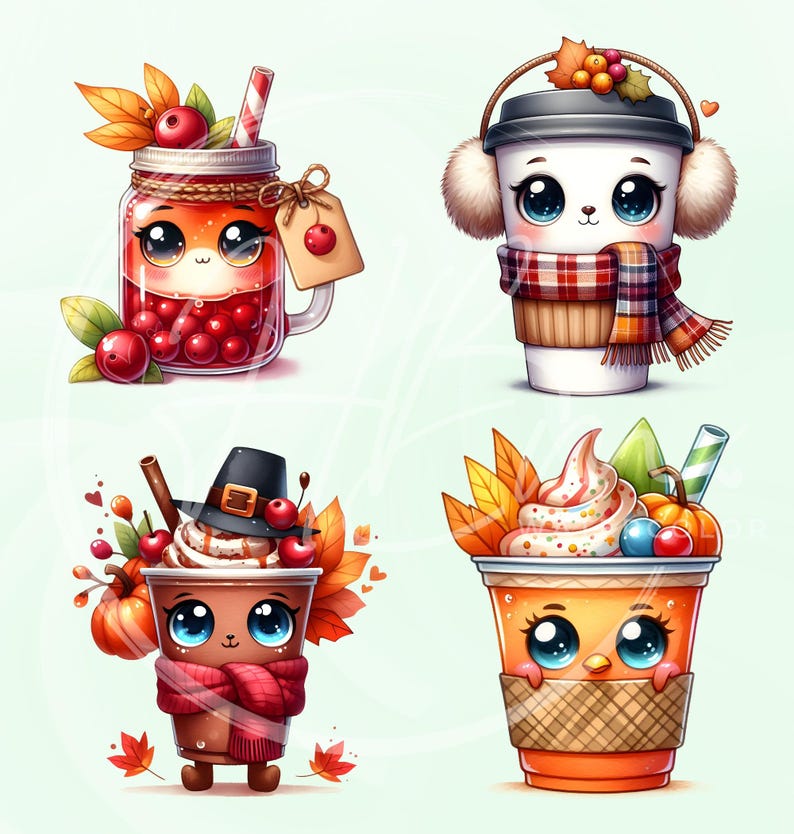 May include: Four cute, cartoon-style fall drinks are featured. A mason jar with a red drink and cherries, a coffee cup with earmuffs and a scarf, a hot chocolate with a pilgrim hat, and an orange drink with whipped cream.