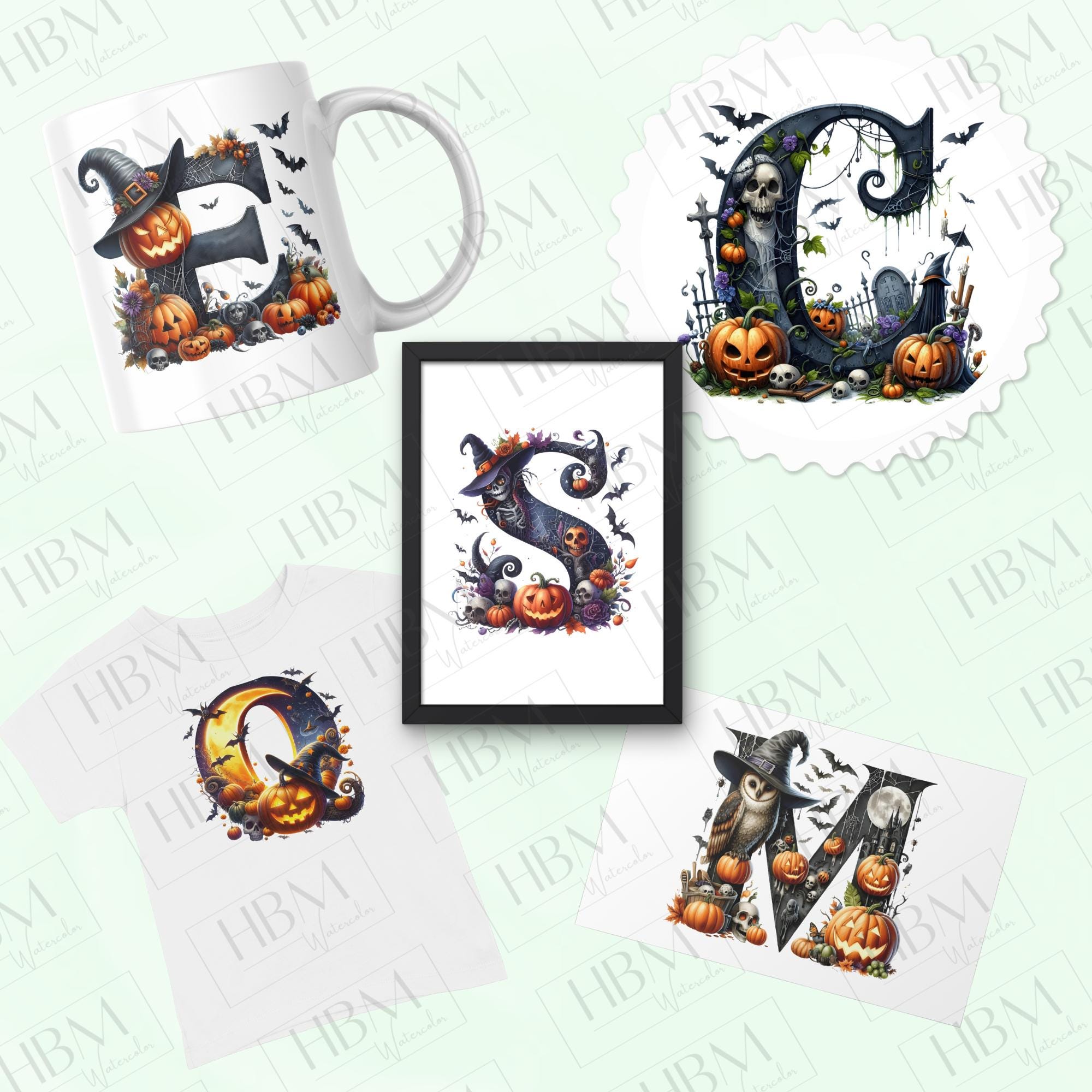 Watercolor Halloween Letters Clipart Bundle, Whimsical Gothic Graphics ...