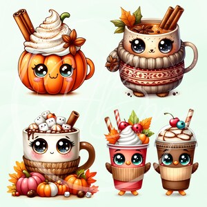 May include: A collection of cute, cartoon-style fall-themed drinks. Includes a pumpkin spice latte, a mug of hot chocolate with marshmallows, and two to-go cups of coffee, all with adorable faces and autumn decorations like cinnamon sticks and leaves.