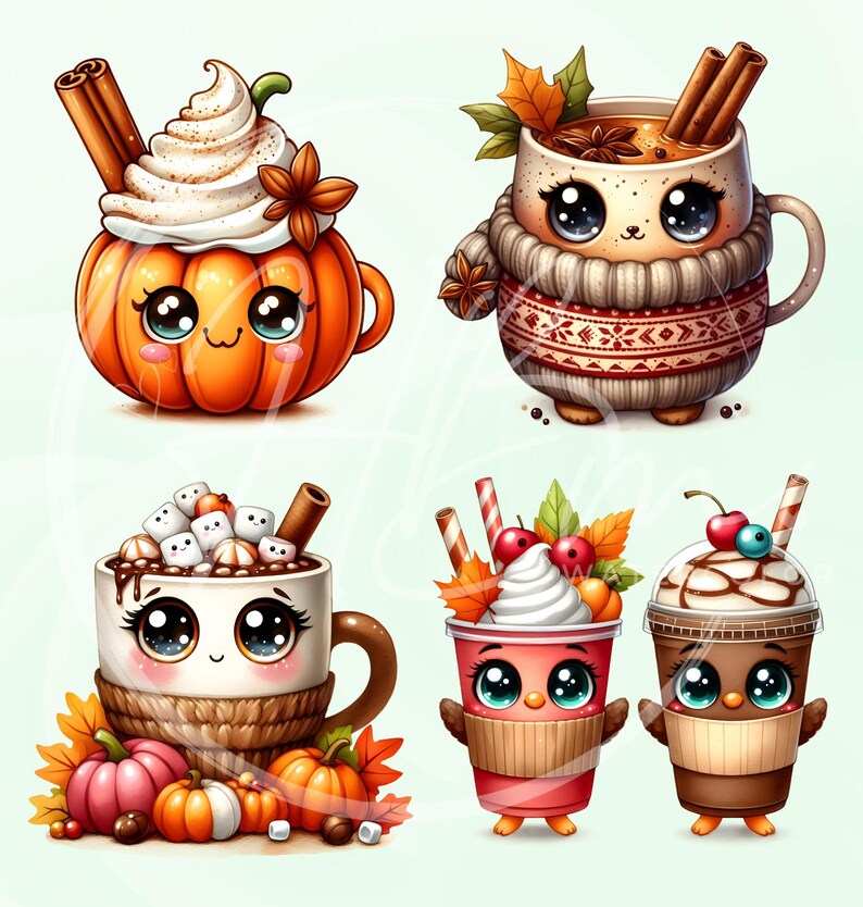 May include: A collection of cute, cartoon-style fall-themed drinks. Includes a pumpkin spice latte, a mug of hot chocolate with marshmallows, and two to-go cups of coffee, all with adorable faces and autumn decorations like cinnamon sticks and leaves.