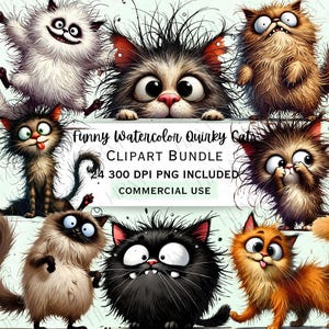 Funny Quirky Cats Clipart Bundle, Humorous Whimsical Feline Sticker, Silly Kitten Characters PNG for Invitations, Commercial Use