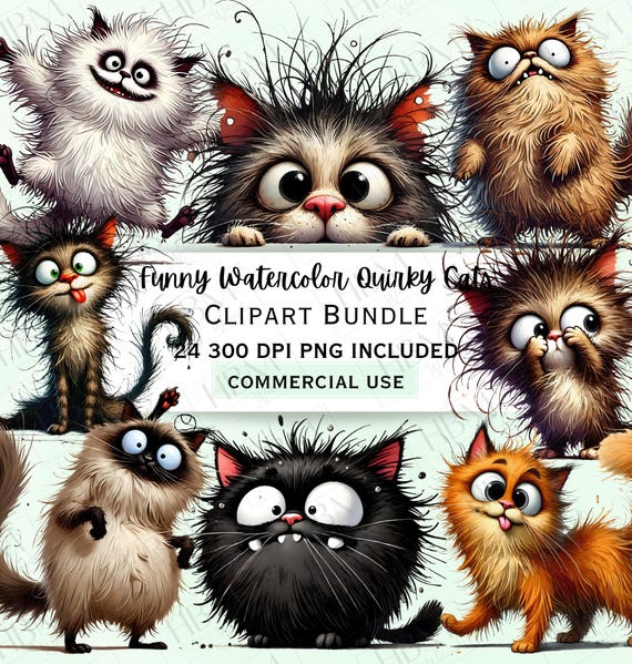 Funny Quirky Cats Clipart Bundle, Humorous Whimsical Feline Sticker, Silly Kitten Characters PNG for Invitations, Commercial Use