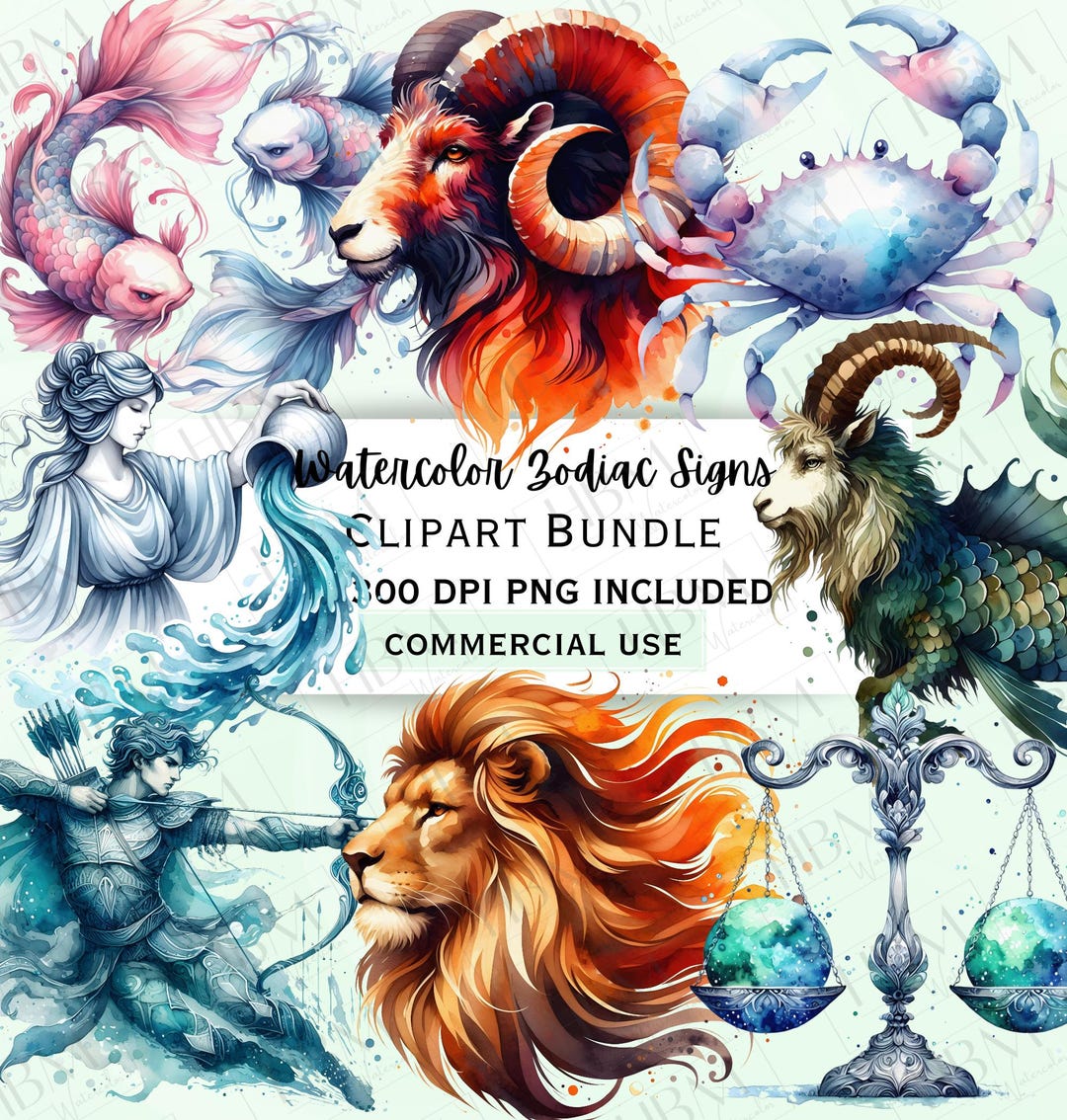 Watercolor Zodiac Signs Clipart Bundle, Horoscope Graphics, Star Sign ...