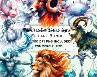 May include: Watercolor illustrations of the 12 zodiac signs. Each sign is depicted in a unique style with vibrant colors and intricate details. The signs include Aries, Taurus, Gemini, Cancer, Leo, Virgo, Libra, Scorpio, Sagittarius, Capricorn, Aquarius, and Pisces.  Watercolor Zodiac Signs Clipart Bundle 300 DPI PNG Included Commercial Use