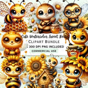 Lindo paquete de imágenes prediseñadas de abejas dulces en acuarela, decoración de guardería con miel, arte de pared para bebés de primavera, adorable baby shower floral, uso comercial