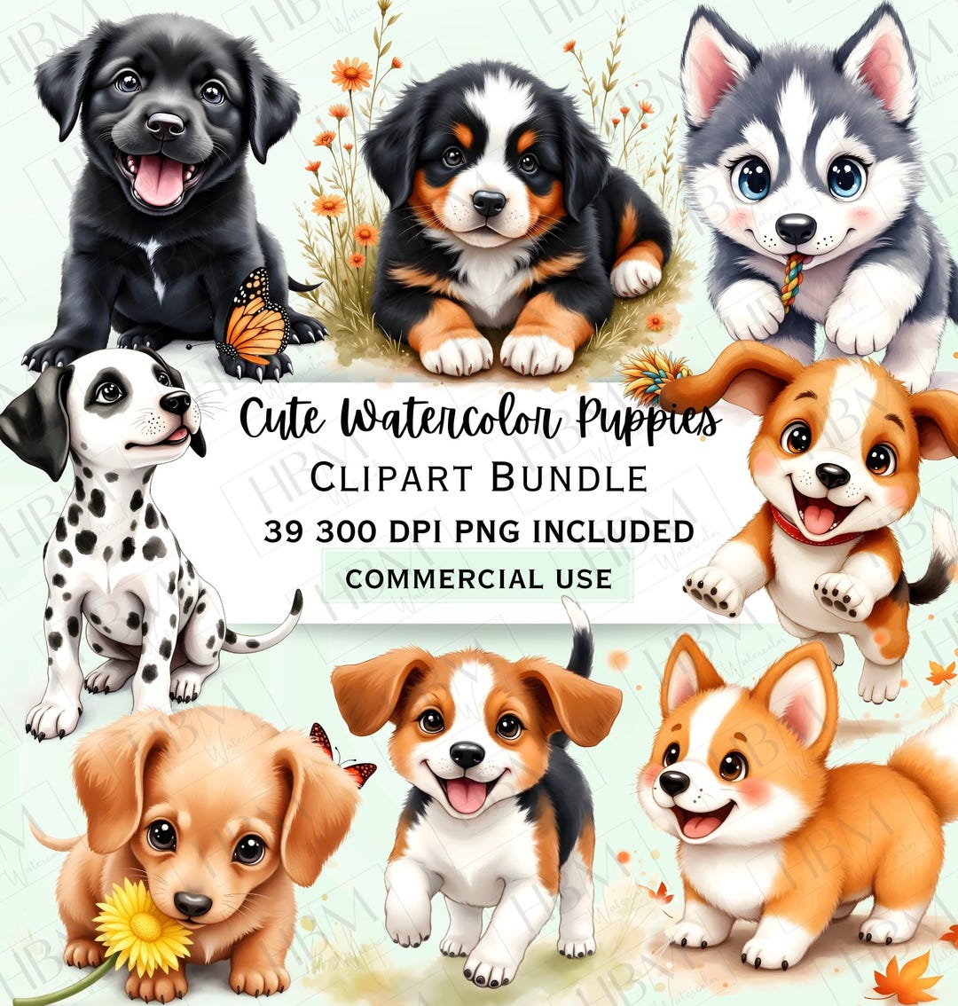 Cute Puppy Clipart Bundle, Watercolor Dog PNG Graphics, Playful Baby ...