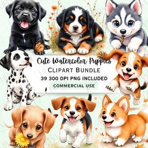 Paquete de imágenes prediseñadas de cachorros adorables, gráficos PNG de perros en acuarela, imágenes de cachorros juguetones, diseño transparente para amantes de las mascotas, uso comercial