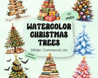 Aquarell-Weihnachtsbaum-Clipart-Bundle (PNG), Weihnachtsbaum-Illustrationen, Winter-Weihnachten-Digital-Download, PNG-Set zur kommerziellen Nutzung