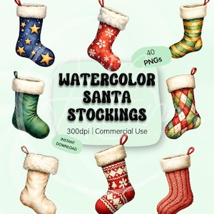 Puede incluir: Calcetines de Papá Noel de acuarela en varios diseños. Incluye un calcetín azul con estrellas doradas, un calcetín rojo con copos de nieve blancos y un calcetín a rayas verdes y amarillas. La imagen también incluye el texto "Watercolor Santa Stockings".