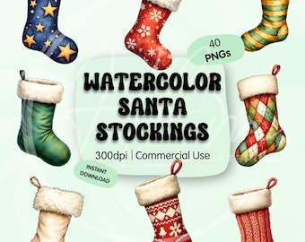 Paquete de imágenes prediseñadas de medias navideñas en acuarela, conjunto de medias navideñas PNG, ilustraciones de calcetines navideños, descarga digital festiva de Navidad