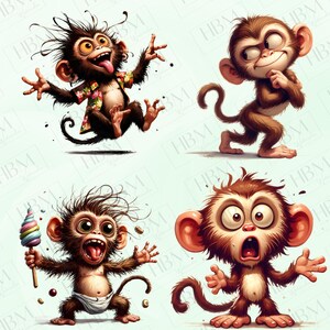 May include: Four cartoon monkeys in various poses. One monkey is wearing a floral shirt and has its tongue out. Another monkey is winking and holding its chin. A third monkey is holding a colorful ice cream cone. The last monkey has a surprised expression.