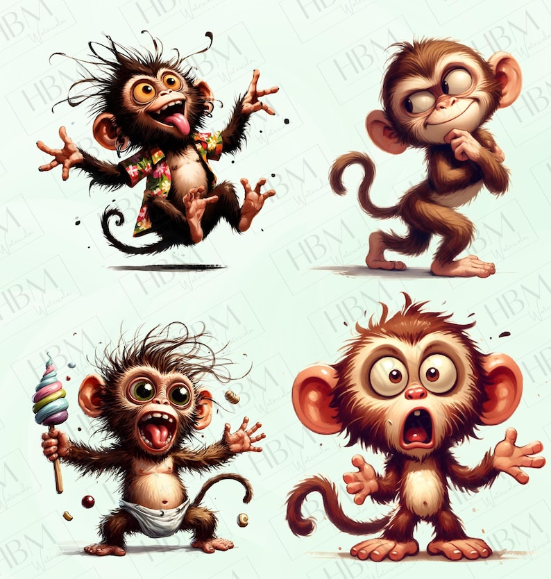 May include: Four cartoon monkeys in various poses. One monkey is wearing a floral shirt and has its tongue out. Another monkey is winking and holding its chin. A third monkey is holding a colorful ice cream cone. The last monkey has a surprised expression.