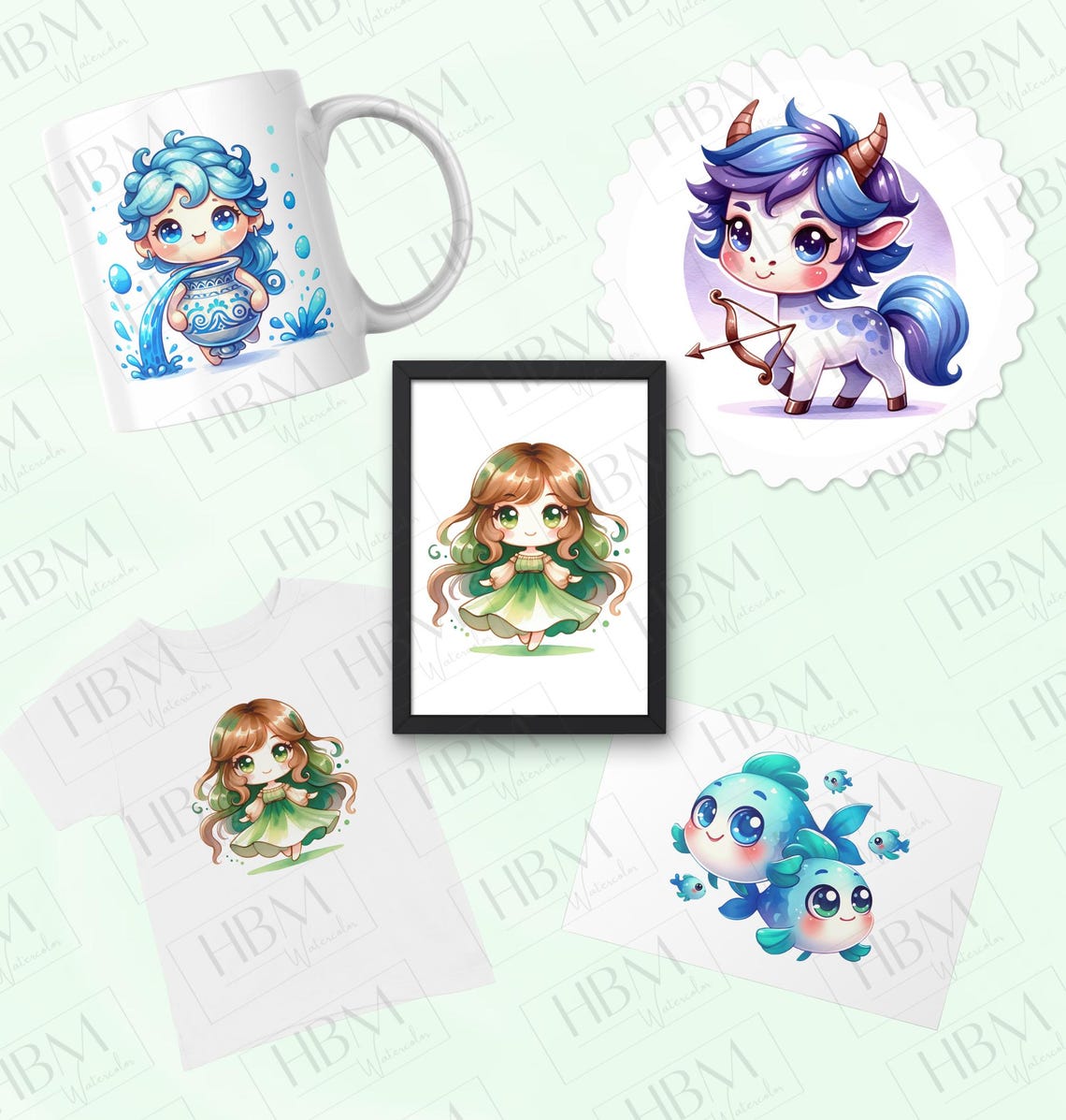 Cute Watercolor Zodiac Signs Clipart Bundle, Horoscope Graphics ...