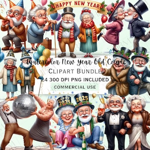 Ensemble de cliparts drôle aquarelle nouvel an couple, autocollants fantaisistes grand-mère, adorable grand-père festif PNG pour décoration, usage Commercial
