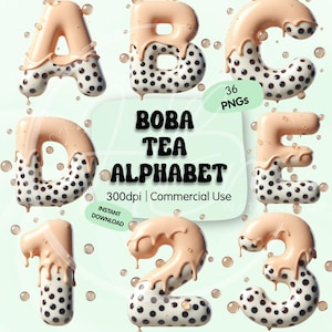 May include: A digital illustration of a boba tea alphabet, featuring letters A, B, C, D, and E, along with numbers 1, 2, and 3. The letters and numbers are designed to resemble boba tea, with a light brown top and a white base with black dots. The image includes the text "BOBA TEA ALPHABET".