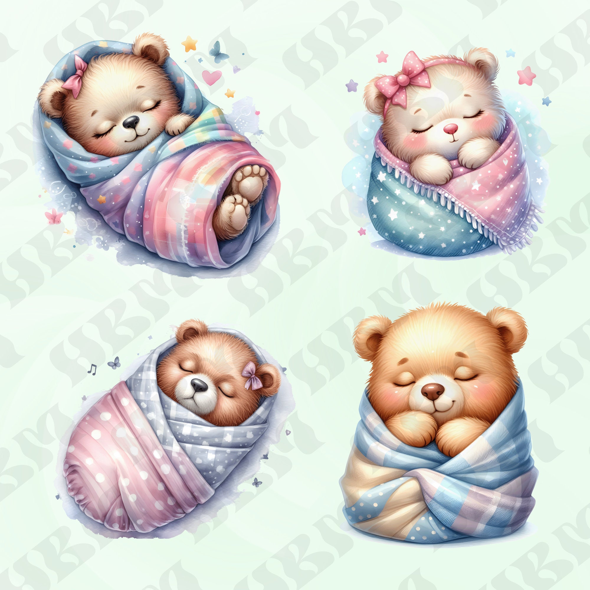 Cute Watercolor Sleeping Bear Clipart Bundle, Teddy Nursery Decor ...