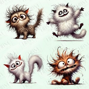 May include: Four cartoon cats with different expressions and fur colors. The cats are drawn in a whimsical style with exaggerated features.