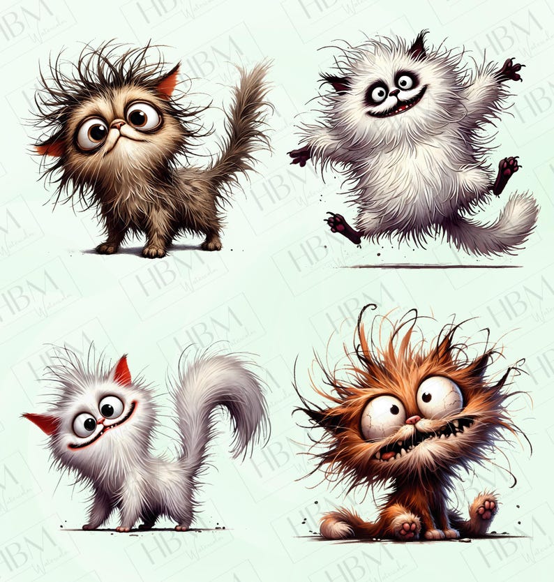 May include: Four cartoon cats with different expressions and fur colors. The cats are drawn in a whimsical style with exaggerated features.