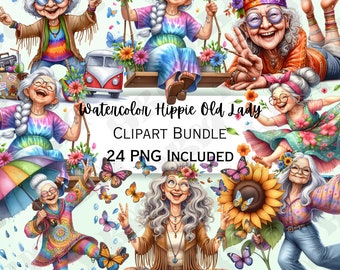 Funny Watercolor Hippie Old Ladies Clipart Bundle, Comical Grandma Sticker, Adorable Nanna Decorations, Whimsical PNG, Commercial Use