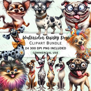 Paquete de imágenes prediseñadas de perros peculiares en acuarela, pegatinas caninas, imágenes PNG de animales extravagantes para invitaciones, uso comercial