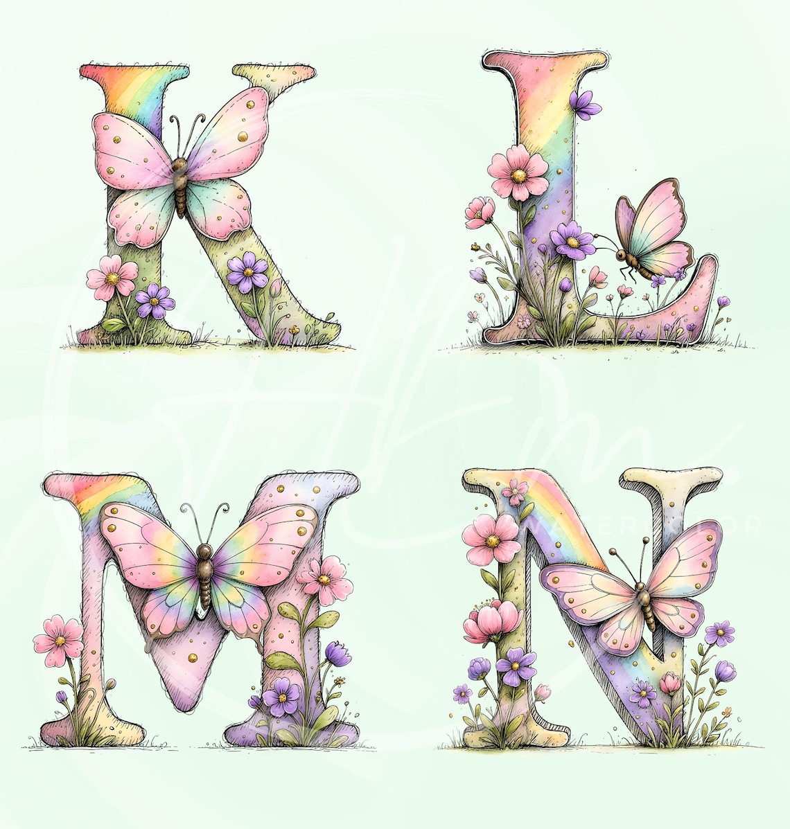 Whimsical Spring Floral Alphabet Clipart Bundle, Pastel Butterfly ABC ...