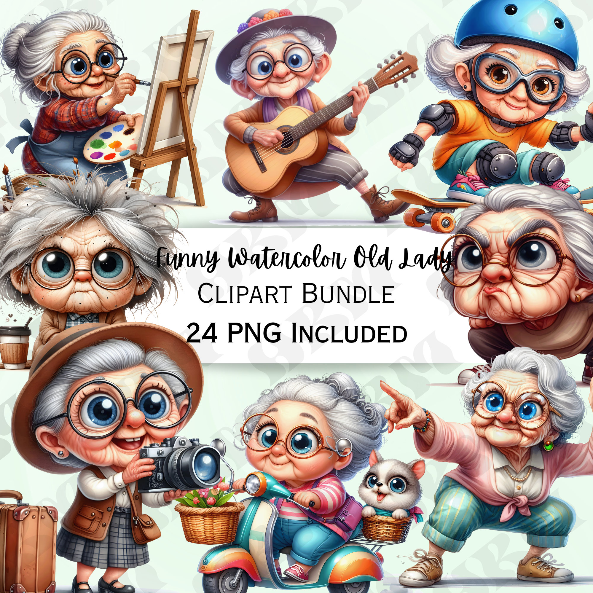 Funny Watercolor Old Ladies Clipart Bundle, Comical Grandma Sticker ...
