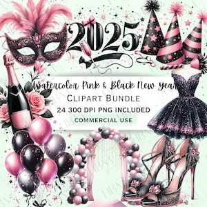 Bundle de cliparts nouvel an rose et noir aquarelle, graphiques de fête scintillants 2025, célébration festive PNG pour invitations, usage Commercial