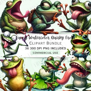 Bundle de cliparts drôle de grenouille insolite, autocollant humoristique de reptile lunatique, personnage aquarelle idiot PNG, fond Transparent, usage Commercial