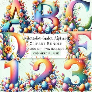 Aquarell Ostern Buchstaben Clipart Bundle, wunderliche Frühlingsgrafik, Schokoladenei Monogramm Alphabet PNG für Dekoration, kommerzielle Nutzung