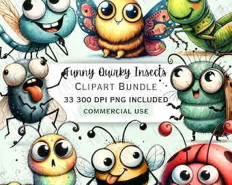 Bundle de cliparts insectes insolites, autocollant bug stupide, PNG transparent lunatique fou, téléchargement numérique, usage Commercial