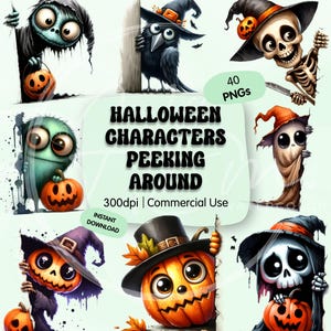 Può includere: Un'illustrazione digitale con vari personaggi di Halloween che sbucano dagli angoli. I personaggi includono uno scheletro, un corvo e figure con la testa di zucca, tutti con tratti esagerati e che indossano cappelli da strega. L'immagine include il testo "Halloween Characters Peeking Around."