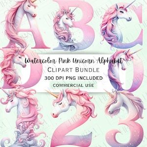 Puede incluir: Paquete de clipart de alfabeto de unicornio rosa acuarela. Las letras A, B, C, D, 2 y 3 están decoradas con una cabeza y una melena de unicornio. 300 DPI PNG incluido. Uso comercial.