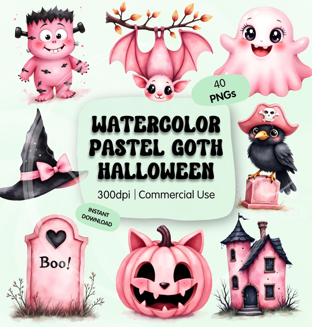Pastel Goth Halloween Clipart Bundle, Pink Ghost Pumpkin Bat PNG, Cute ...
