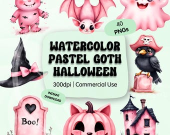 May include: Watercolor illustration featuring pastel goth Halloween elements. Includes a pink Frankenstein monster, bat, ghost, witch hat, tombstone, jack-o'-lantern, crow, and a spooky house. The image has the text "Watercolor Pastel Goth Halloween".