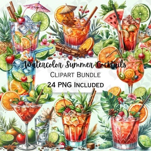Bundle de cliparts aquarelle cocktails d'été, illustrations vibrantes de boissons rafraîchissantes pour vos invitations à des fêtes, 24 illustrations PNG