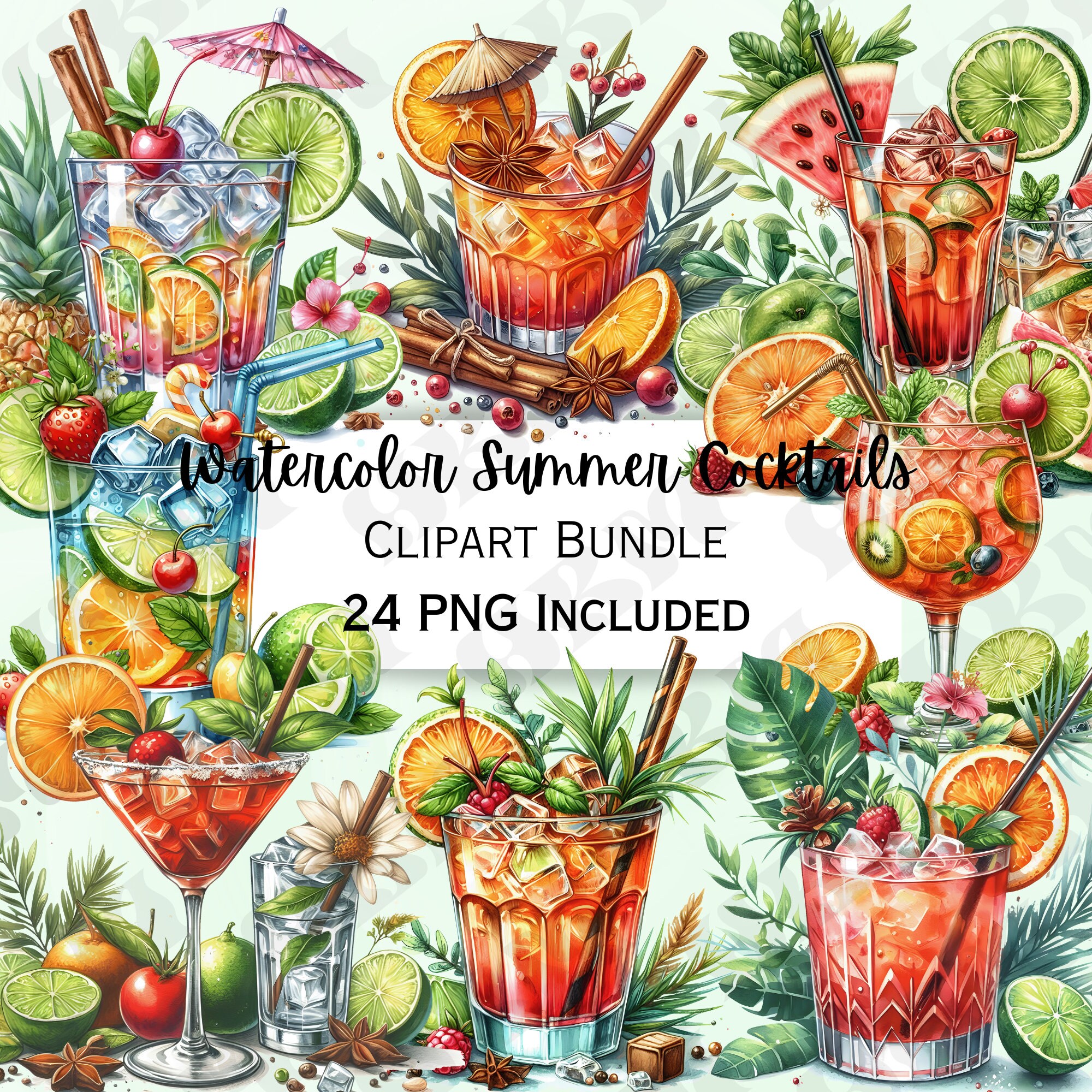 Watercolor Summer Cocktails Clipart Bundle, Vibrant Illustrations of ...
