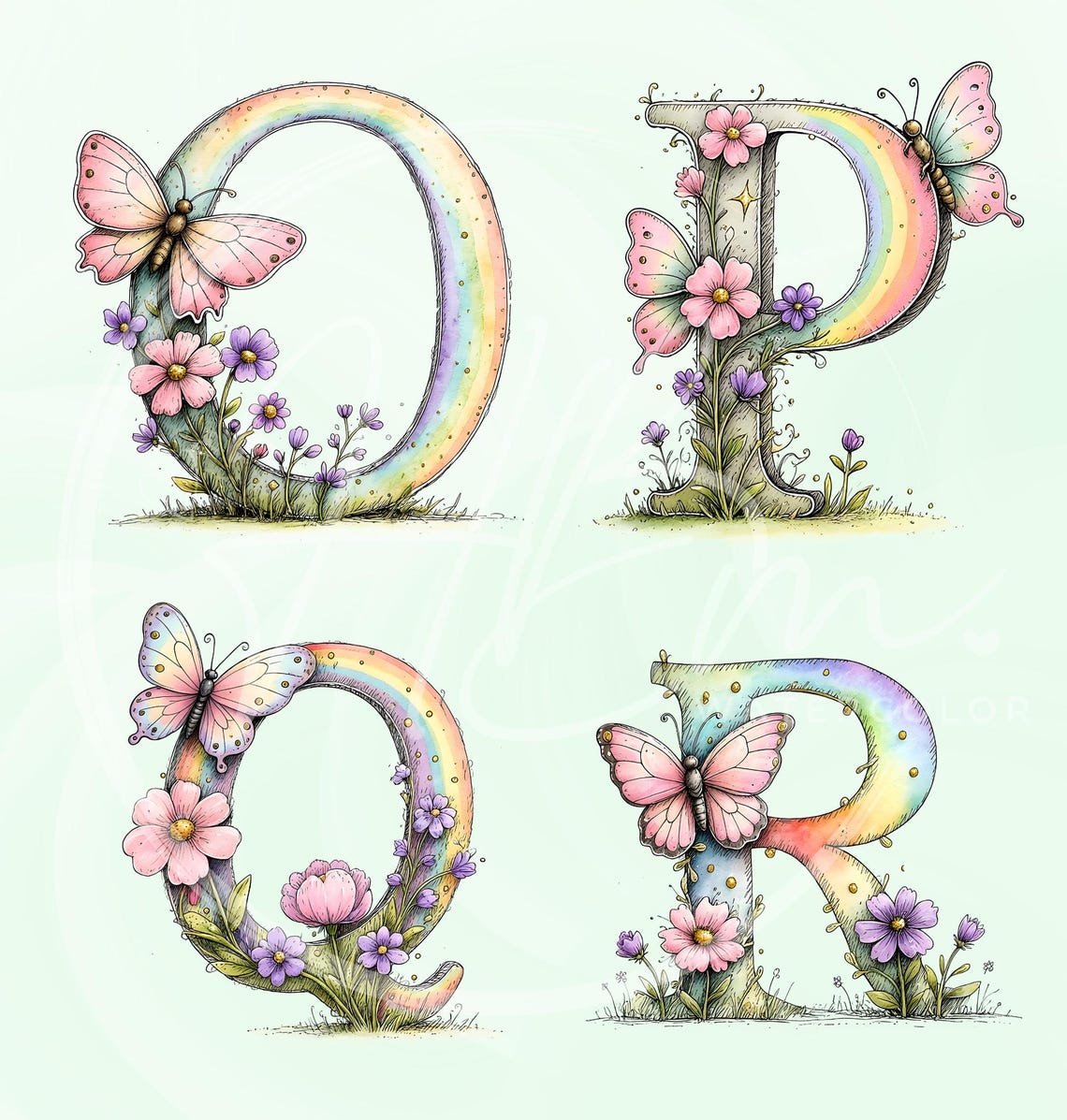 Whimsical Spring Floral Alphabet Clipart Bundle, Pastel Butterfly ABC ...
