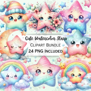 Schattige pastel aquarel sterren clipartbundel, schattig decor van de kinderkamer, regenboog baby muurkunst, grillige graphics, 24 png-afbeelding