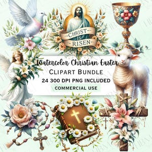 Paquete de imágenes prediseñadas de Pascua cristiana en acuarela, gráficos florales religiosos, Jesús ha resucitado PNG para decoraciones, cruz de Pascua, uso comercial