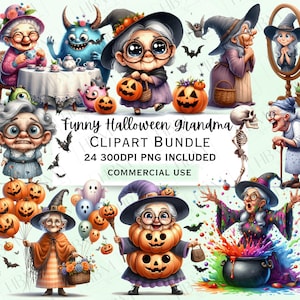 Könnte beinhalten: Ein digitales Clipart-Paket mit 24 Halloween-Illustrationen, die lustige Omas zeigen, die als Hexen, Skelette und andere gruselige Figuren verkleidet sind. Die Illustrationen sind im Cartoon-Stil gehalten und perfekt für die Erstellung von Halloween-Bastelarbeiten, Karten und Dekorationen. Der Text "Funny Halloween Grandma Clipart Bundle 24 300DPI PNG Included Commercial Use" ist im Bild enthalten.