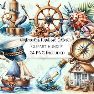 Aquarell Nautik Clipart Bündel, Sommerkollektion, Spaß Segeln Urlaub PNG, Ocean Vibes, 24 lebendige Illustrationen, kommerzielle Nutzung