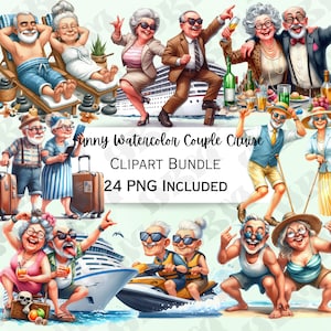 Grappige aquarel oud stel cruise clipartbundel, oma sticker, schattige opa reizen thema-graphics, grillige png voor sublimatie