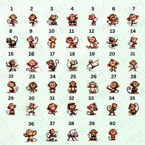 May include: A collection of 40 cartoon monkey illustrations, each with a unique pose and expression. The monkeys are brown with varying facial features, some wearing accessories. The image has a white background with the letters "HBM" in the corners.