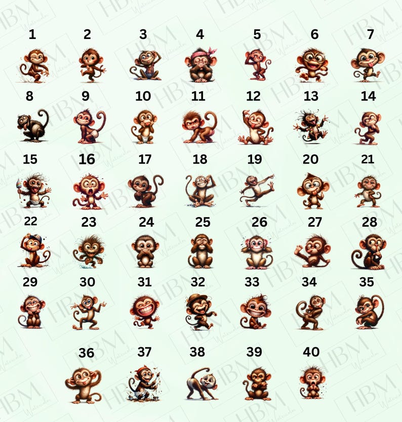 May include: A collection of 40 cartoon monkey illustrations, each with a unique pose and expression. The monkeys are brown with varying facial features, some wearing accessories. The image has a white background with the letters "HBM" in the corners.