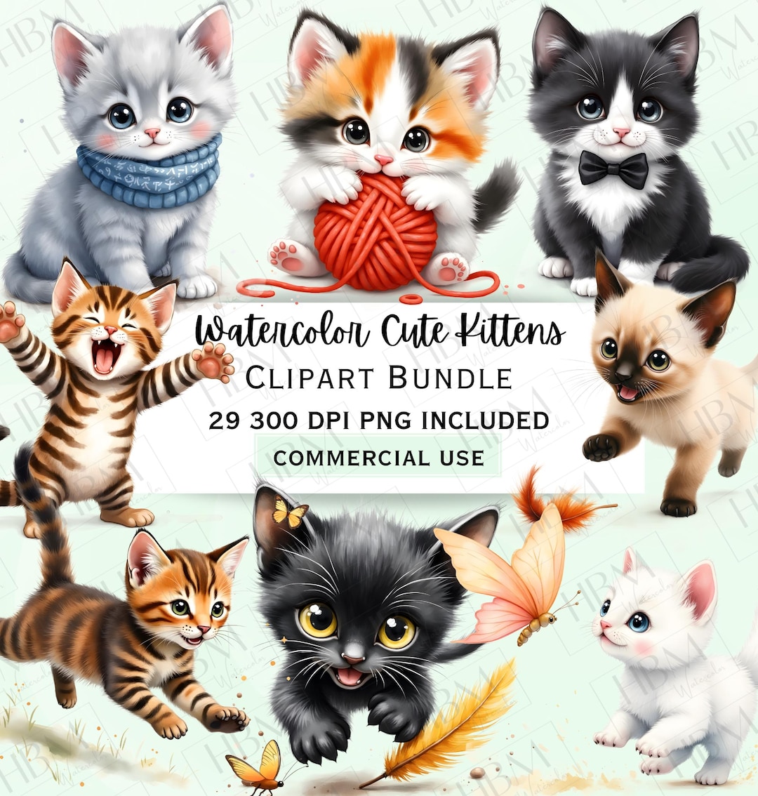 Cute Kitten Clipart Bundle, Watercolor Cat PNG Graphics, Playful Baby ...