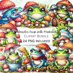 Watercolor Frogs with Mushrooms Clipart Bundle, Amphibian Nursery Decor, Tadpole Baby Wall Art, Reptile Stickers, 24 PNG Illustrations