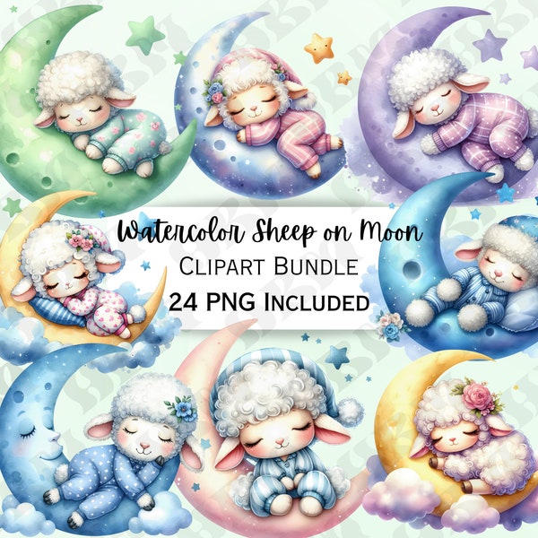 Watercolor Sheep on Moon Clipart Bundle, Cute Lamb Nursery Decor, Sleeping Baby Wall Art, Infant Shower, 24 Dreamy PNG Designs