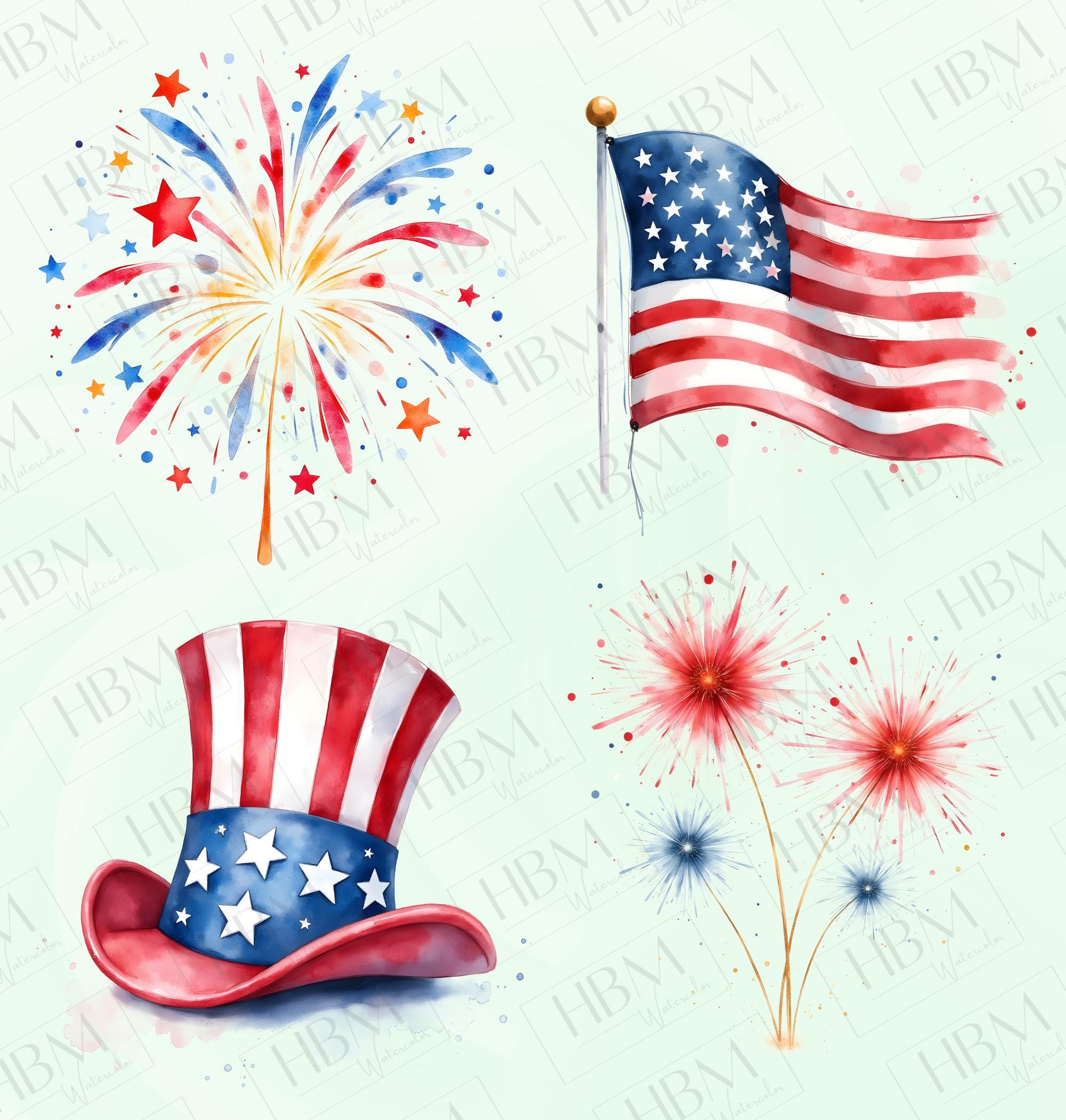 4th of July Elements Clipart Bundle, Watercolor USA Fireworks Hat Flag ...