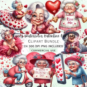 Grappige aquarel Valentine Old Lady clipartbundel, grillige oma sticker, schattige liefdesharten png voor decoratie, commercieel gebruik